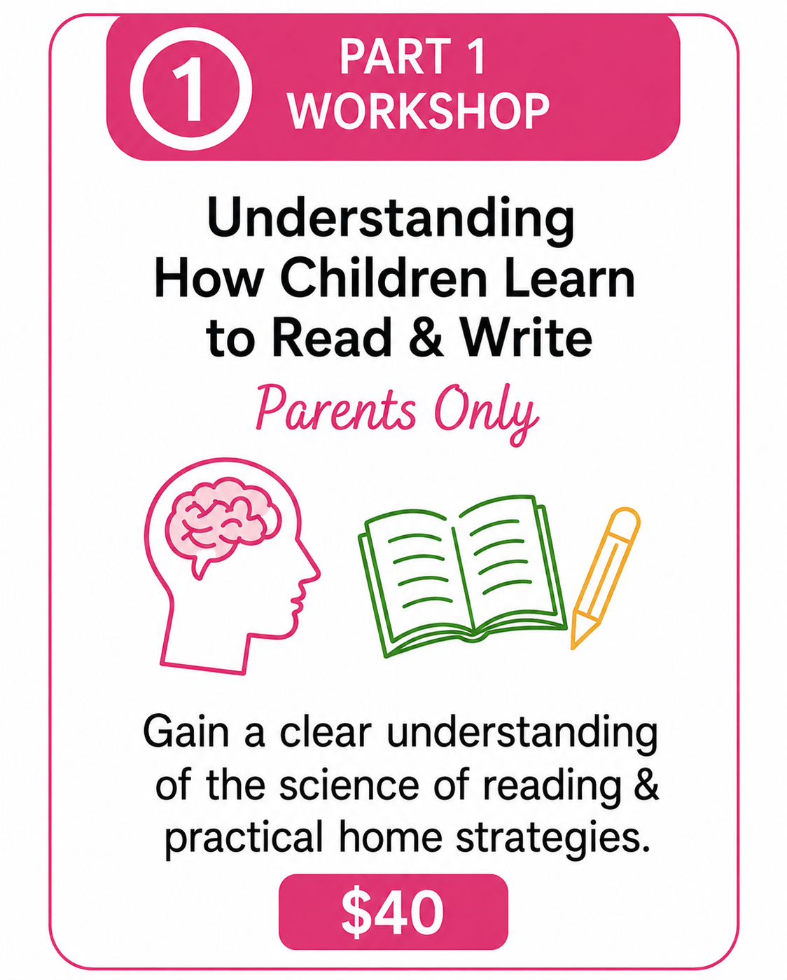 Part 1 Workshop — Understanding How Children Learn to Read & Write, parents only, $40.