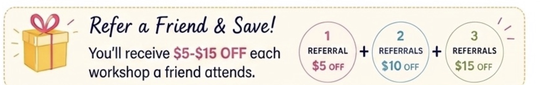 Refer a friend and save — receive $5 to $15 off each workshop a friend attends.